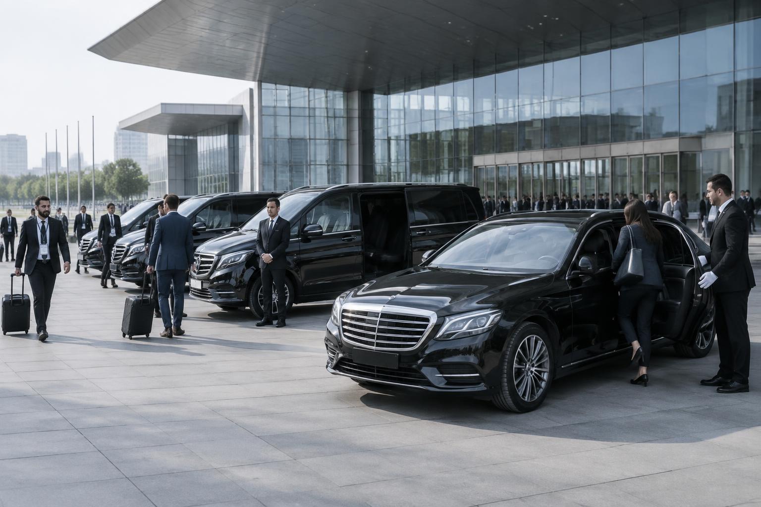 Coordinated black sedans and premium vans with chauffeurs and business travellers at an exhibition centre
