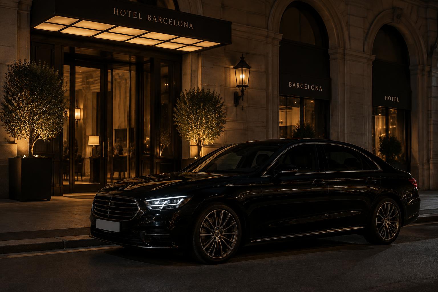 Flagship sedan at night outside a hotel