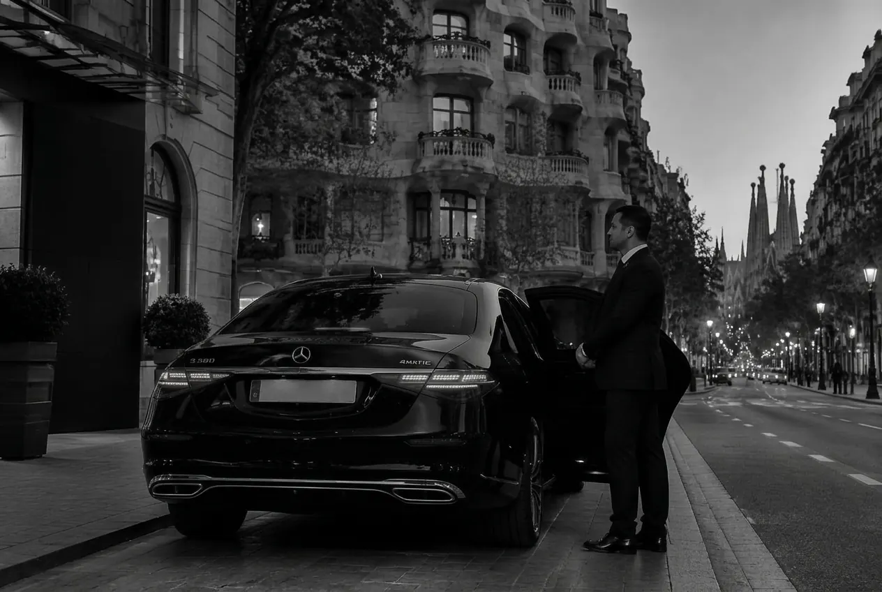 Chauffeur opening the rear door of a black executive sedan in Barcelona
